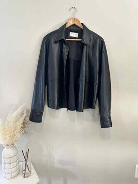 Babaton Black Faux Leather Button-Up Shirt Jacket, Size Medium